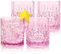 BELLAFORTE Shatterproof Tritan Plastic Short Tumbler, Set of 4, 13oz - Myrtle Beach Unbreakable Crystal Cut Old Fashioned Drinking Glasses for Whiskey - BPA Free - Dishwasher Safe - Pink