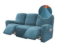 BellaHills 8-Pieces Recliner Sofa Covers Velvet Stretch Reclining Couch Covers for 3 Cushion Sofa Slipcovers Furniture Covers Form Fit Customized Style Thick Soft Washable, Peacock Blue