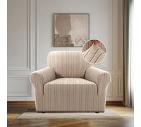 BellaHills High Stretch Armchair Covers Super Soft Chair Covers for Living Room Non Slip Sofa Cover with Elastic Bottom Couch Covers Washable Jacquard Fabric Stripe Design (1 Seater, Sand)
