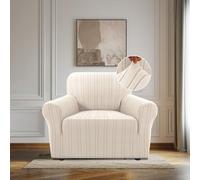 BellaHills High Stretch Armchair Covers Super Soft Chair Covers for Living Room Non Slip Sofa Cover with Elastic Bottom Couch Covers Washable Jacquard Fabric Stripe Design (1 Seater, Natural)