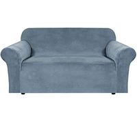 BellaHills Stretch Velvet Sofa Covers for 2 Cushion Couch Covers Sofa Slipcovers with Non Slip Straps Underneath The Furniture, Crafted from Thick Comfy Rich Velour (2 Seater, Stone Blue)
