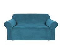 BellaHills Stretch Velvet Sofa Covers for 2 Cushion Couch Covers Sofa Slipcovers with Non Slip Straps Underneath The Furniture, Crafted from Thick Comfy Rich Velour (2 Seater, Peacock Blue)