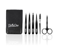 BellaLine Tweezers Set - Professional Eyebrow Tweezers Set with Scissors & Brush - 6-Piece Precision Set with Case - For Eyebrows, Hairs & Splitters (Black)