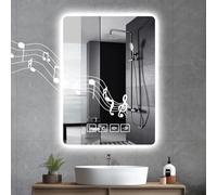 Bellanny Bluetooth Bathroom Mirror with LED Lights, 700 X 500 MM Square Illuminated Backlit Vanity Mirror, Wall Mounted Smart Mirrors, Anti-Fog, Touch, 3 Colors, Memory Function, Dimmable Brightness