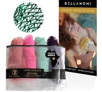 BELLANOMI 4 Piece African Exfoliating Net Sponge Long African Bath Sponge, Authentic Ethically Sourced from Nigeria, Great for Daily Use (Pink, Indigo, Seafoam, Blush)