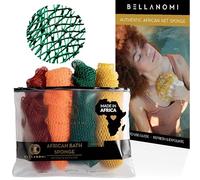 BELLANOMI 4 Piece African Exfoliating Net Sponge Long African Bath Sponge, Authentic Ethically Sourced from Nigeria, Great for Daily Use (Copper Brown, Orange, Green, Yellow)