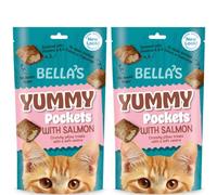 Bella's Yummy Pockets Cat Treats with Catnip, Crunchy Pillow Treats with Soft Centre, Enriched with Vitamins A & E, No Added Sugar, Adult Cat Snacks Pack of 2 (Salmon Flavour)