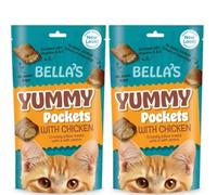 Bella's Yummy Pockets Cat Treats with Catnip, Crunchy Pillow Treats with Soft Centre, Enriched with Vitamins A & E, No Added Sugar, Adult Cat Snacks Pack of 2 (Chicken & Cheese)