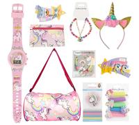 BellaStella 29 Pcs Unicorn Combo Gift Set Featuring 1 Duffel Bag, 1 Pencil Pouch, 8 Hair Clips, 2 Bracelets, 10 Rubber Bands, 5 Ponytail Ribbons, 1 Golden Hairband and 1 Themed Digital Watch for Kids