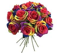 BELLAUSA 15 Pcs Rainbow Roses Silk Artificial Rose Flowers Home Decorations for Wedding Party or Birthday Garden Bridal Bouquet Flower Saint Party Event (Rainbow Rose)
