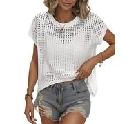 Bellcoco Womens Summer Crochet Tops Hollow Out Cap Sleeve Cover Up Tank Top Pullover Sweater Vest Beach Vacation Clothes, White, XL