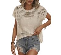 Bellcoco Womens Summer Crochet Tops Hollow Out Cap Sleeve Cover Up Tank Top Pullover Sweater Vest Beach Vacation Clothes, Apricot, S