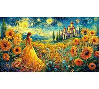 Belle-in-yellow-gown-amidst-sunflowers-and-castle 1000 Pieces Jigsaw Puzzle Recycled Paper Educational Game Challenge Fun Present & Activity for Home for Adults Kids 38x26/1000pcs