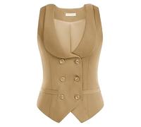 Belle Poque Khaki Waistcoat Women V-Neck Double Breasted Suit Vest for Shirts Tops Light Khaki M