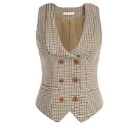 Belle Poque Ladies Sleeveless Double Breasted Waistcoats U Neck Business Style Suit Vest Brown Plaid BP0613-01 XL