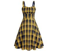 Belle Poque Vintage Sleeveless Plaid Spaghetti Strap Dresses 1950s Sweetheart Neck Gingham A-line Cocktail Midi Dress, Yellow and Blue, M