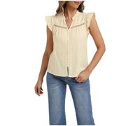 Belle Poque Women Cotton Shirt Ruffled Henley V Neck Flutter Sleeves Eyelet Detail Button Front Casual Summer Blouse Textured Top Apricot