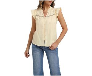 Belle Poque Women Cotton Shirt Ruffled Henley V Neck Flutter Sleeves Eyelet Detail Button Front Casual Summer Blouse Textured Top Apricot