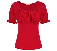 Belle Poque Women Cute Puff Short Sleeve Shirt Vintage Square V-Neck Ruched Versatile Top Red S