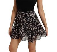 Belle Poque Women Floral Print A Line Mini Skirt Front Flap Double Layer Ruffle Hem Lightweight Chiffon Summer Casual Party Swing Skirt