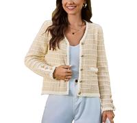 Belle Poque Women Long Sleeves Cardigan with Pockets Button Down V Neck Chunky Tweed Sweater Apricot M