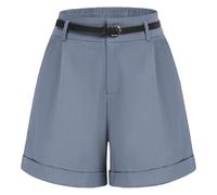 Belle Poque Women's Casual Shorts Cotton Shorts High Waist with Belt Elasticated Waist Turn-up Hem Casual Summer Shorts Relaxed A-Line Fit Breathable Bottoms Grey Blue XXL