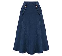 Belle Poque Women's Denim Skirts Vintage Elastic High Waist A-Line Long Maxi Jean Skirts with Pockets, Dark Blue, M