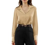 Belle Poque Women's Satin Silk Shirts Long Sleeve V-Neck Button Down Work Office Blouse Elegant Shirts Khaki