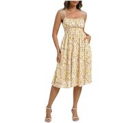 Belle Poque Women's Vintage A-Line Dress Spaghetti Straps Square Neck Ruched Front Mid Cami Dress with Side Pockets