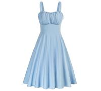 Belle Poque Women's Vintage Sleeveless Solid Floral Ruched Empire Waist A-Line Swing Midi Dress, Light Blue, X-Large