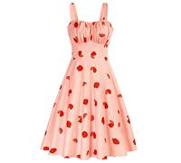 Belle Poque Women's Vintage Sleeveless Solid Floral Ruched Empire Waist A-Line Swing Midi Dress, Pink-Strawberry, X-Large