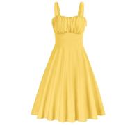 Belle Poque Women's Vintage Sleeveless Solid Floral Ruched Summer Cute A-Line Flowy Swing Midi Dress, Light Yellow, XL