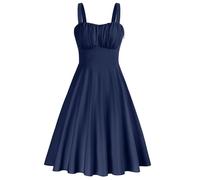 Belle Poque Women's Vintage Sleeveless Solid Floral Ruched Summer Cute A-Line Flowy Swing Midi Dress, Blue, XXL