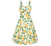 Belle Poque Women's Vintage Sleeveless Solid Floral Ruched Summer Cute A-Line Flowy Swing Midi Dress, Lemon Floral, XL