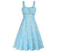 Belle Poque Women's Vintage Sleeveless Solid Floral Ruched Summer Cute A-Line Flowy Swing Midi Dress, Light Blue-Daisy, XXL
