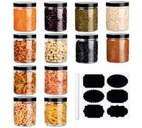 BELLE VOUS 12 Pack of Clear Plastic Storage Jars with Lids, Labels & Pen - 500ml/17oz Airtight Containers - Refillable Jars for Kitchen Dry Food Storage, Spices, Peanuts and Craft Supplies