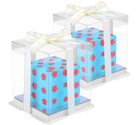 BELLE VOUS 2 Pack of Clear Plastic Cake Boxes with Boards & Ribbon - 15.3 x 15.3 x 18.2cm - Transparent Tall Cake Gift Packaging Carrier Boxes for Birthdays, Weddings & Parties