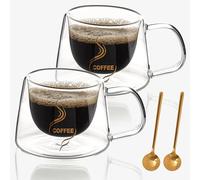 BELLE VOUS 2 Pack of Double Walled Clear Glass Coffee Mugs with Handles - 200ml/7oz Insulated/Heat-Resistant Cups for Hot/Cold Drinks - Glasses Suitable for Espresso, Coffee, Latte, Cappucino & Tea