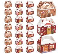 BELLE VOUS 24 Pack Christmas Treat Boxes - 15 x 9 x 9cm - Xmas House Cardboard Box with Handle in 3 Designs, 8 Pcs Each - Self Assemble Favour Box for Cookies, Candies, Truffles and Fudges