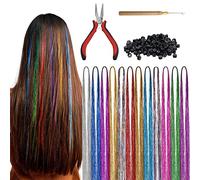 Belle Vous 2400 Strands 12 Colours Tinsel Hair Extensions - Synthetic Sparkling Glitter Hair Kit with Tools - Shiny Straight Rainbow Hairpieces for Fairy Hair, Party Accessories & Decoration