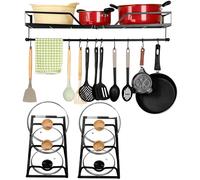 BELLE VOUS 3-in-1 Pot and Pan Hanging Rack - Iron Hanging Pot Rack/Pan Hanger - Wall-Mounted Kitchen Hanging Rack for Pots, Pans & Utensils - 10 Pot Rack Hanging Hooks, Shelf & Detachable Rail