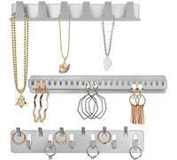 BELLE VOUS 3 Pack of Metal Necklace Jewellery Holders - Set of 3 Self Adhesive Wall Mounted Hooks & Pegs - Hanging Display Organiser - Necklaces, Ring, Bracelets & Earrings Storage Holder