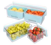 BELLE VOUS 3 Pack of Stackable Produce Saver Fridge Storage Containers with Drain Baskets - Reusable Plastic Food Organisers with Lids for Fresh Vegetables/Fruit - Dishwasher/Microwave Safe