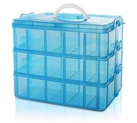 BELLE VOUS 3 Tier Blue Transparent Plastic Stackable Storage Box - Adjustable Compartment Slots - Max 30 Compartments - Container for Storing & Organising Toys, Jewellery, Beads, Arts & Crafts, Tools