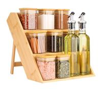 Belle Vous 3-Tier Spice Rack with 8 Glass Jars & 2 Oil Dispenser Bottles - Wooden Free Standing Spice Jar Storage Organiser for Kitchen Herbs/Seasonings