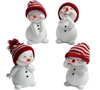 BELLE VOUS 4 Pack Decorative Snowman Christmas Figurines - 11cm/4.33 Inches Tall - Set of 4 Winter Miniature Figures - Assorted Snowmen Ornaments with Red Hats for Christmas Decoration/Gifts