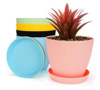 BELLE VOUS 5 Pack of Colourful Plastic Plant Pots Drainage Holes and Saucer Trays - 14.5cm/5.7 Inches - Decorative Indoor Flower Planter Pots for All House Plants, Succulents and Nursery Seedlings