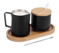 BELLE VOUS 5-Piece Milk and Sugar Set - Black Milk Jug and Sugar Bowl Set with Bamboo Wood Tray, Lid & Serving Spoon - Stainless Steel Tea Serving Set