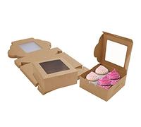 BELLE VOUS 50 Pack Brown Paper Kraft Bakery Pastry Boxes with Windows - 15.2 x 15.5 x 6.3cm/6 x 6.1 x 2.5 inches- Disposable Packaging Boxes - Cookies, Cupcakes, Desserts & Pies