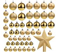 Belle Vous 50 Pack Christmas Baubles - Assorted Size Glittery Gold Baubles with Star Tree Top - Xmas Tree Ball Hanging Ornaments for Christmas Decorations Holiday Party Indoor & Outdoor Decorations